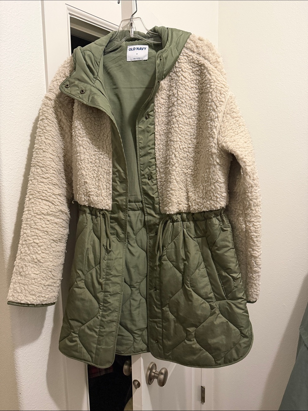 Old Navy Olive Green and Cream Sherpa Quilted Drawstring Jacket